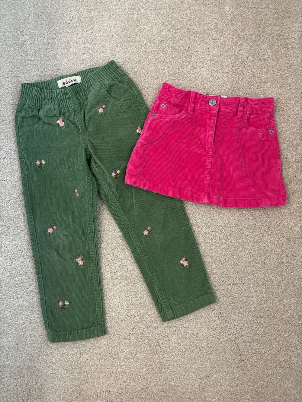 Mini Boden green corduroy floral embroidery pants & pink corduroy skirt size 3/4